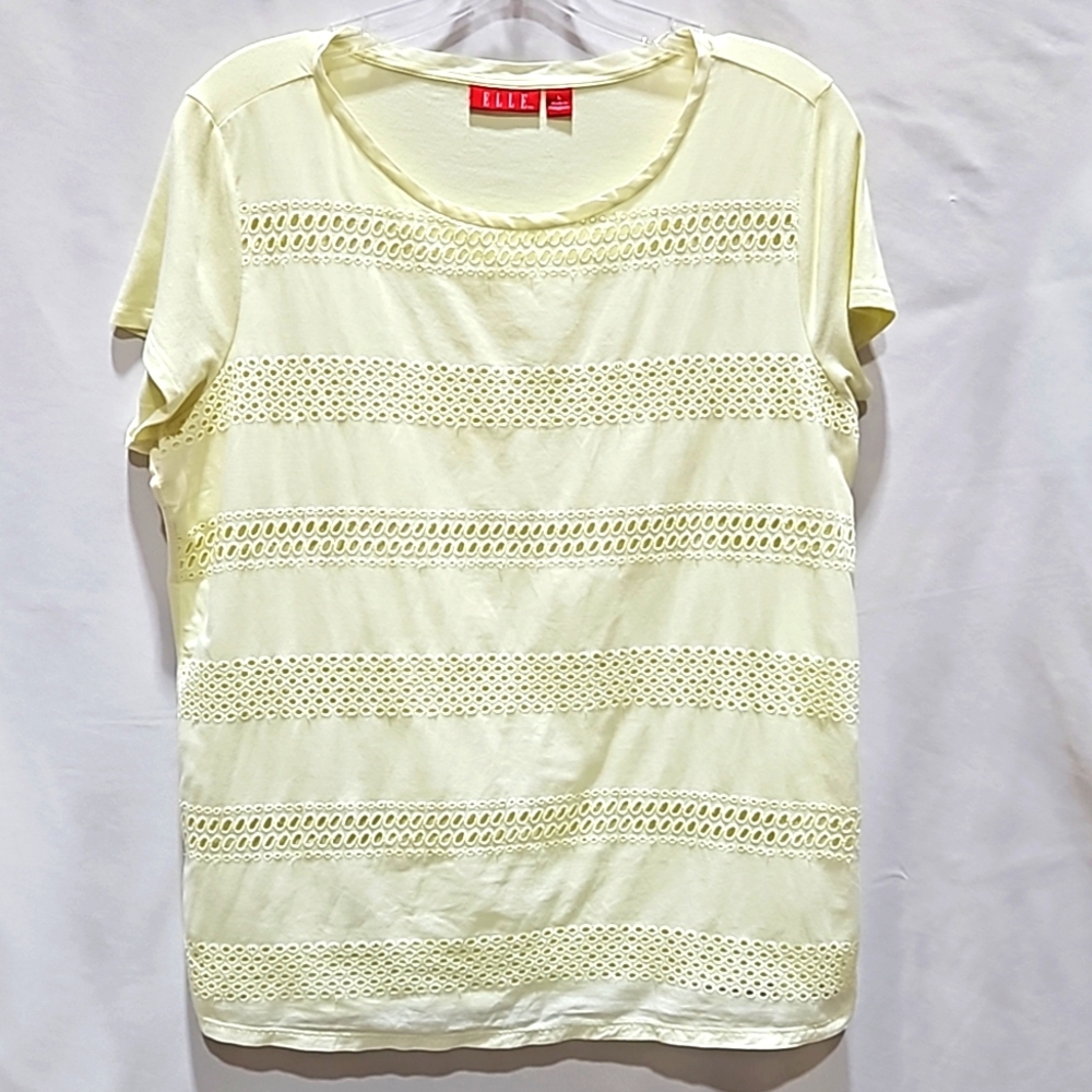 Elle, Yellow Top, Eyelet Detail, Cap sleeve, Shirt, Sz Lg, Cotton/Modal/Spandex